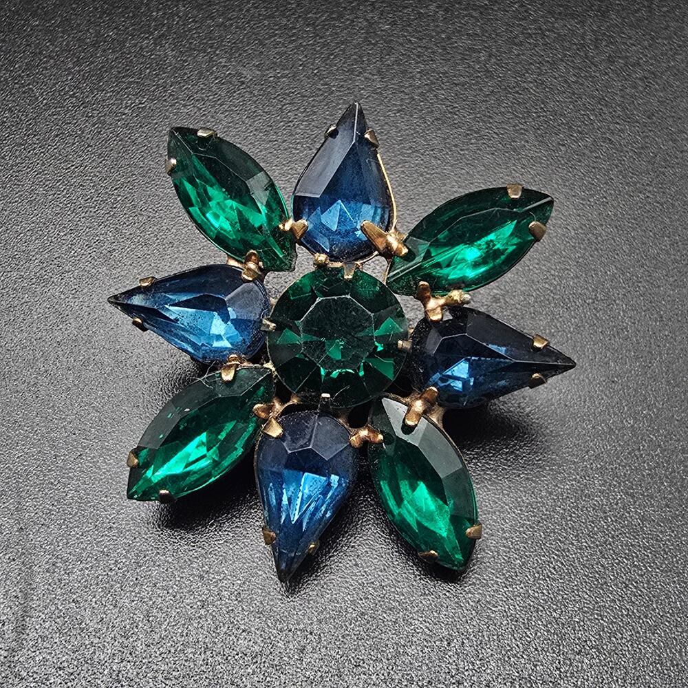 Blue Green Rhinestone Flower Brooch Vintage Glam Costume Jewelry